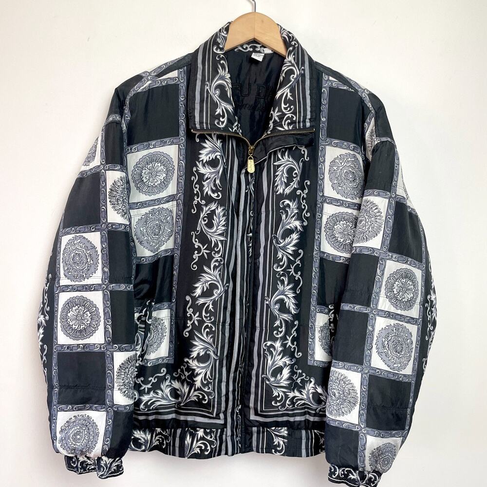 Vintage 90s Silk Puffer Jacket Medium Bomber‎ Streetwear Patchwork Scarf Print